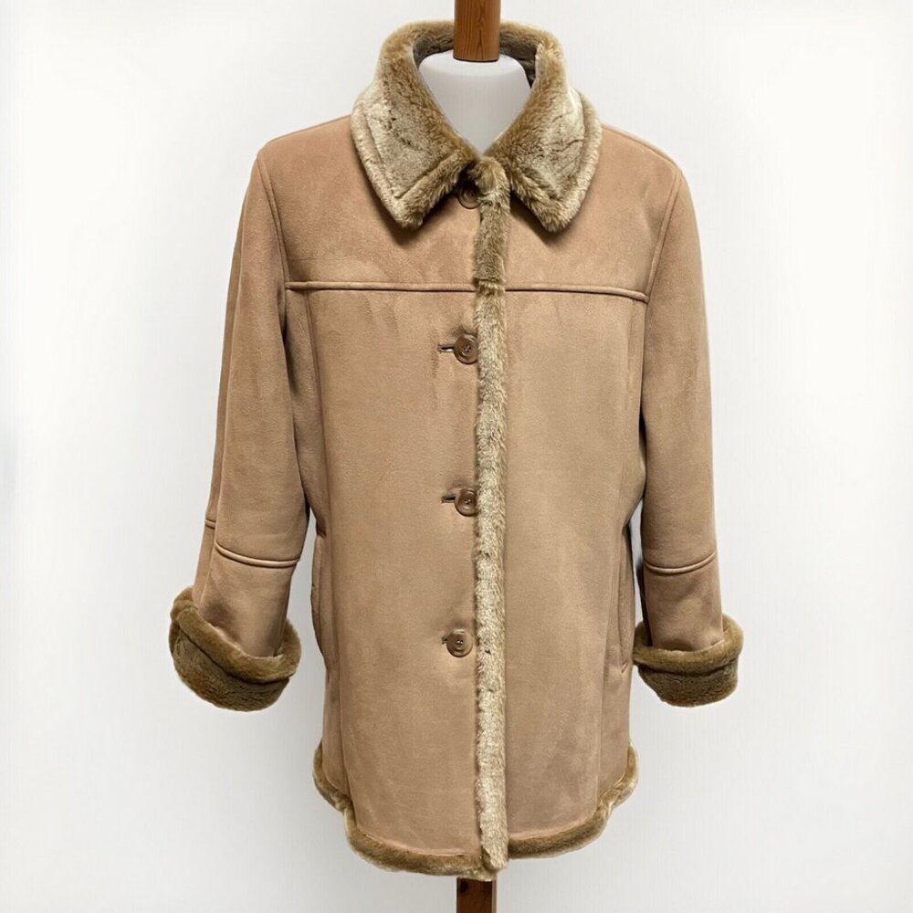 Faux Suede Coat with Faux Fur Shearling Lining Vintage UTX Outdoors 90s Tan